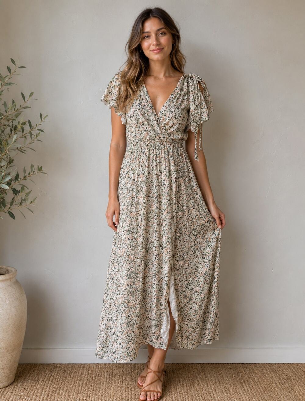 Green Floral Cottagecore Midi Dress Size S Faux Wrap Feminine Boho Prairie